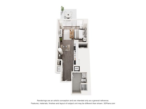 A 3D floor plan of a small apartment with a kitchen, living room, and bathroom.